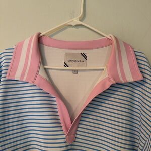 Addison Bay Blue & White Striped Performance Polo Top Pink Collar XL